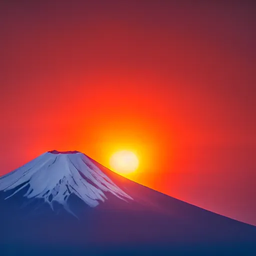 Image similar to mount fuji orange sun's rising from the horizon, 8 k, volumetric lighting, intricate, highly detailed, clear focus, beautiful, award winning, vivid color, real life