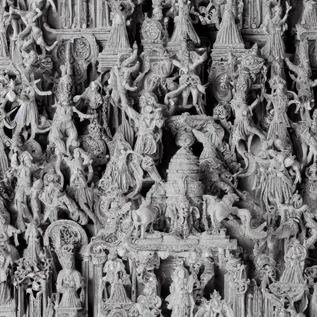 Image similar to blood temple, hindu ornaments, baphomet statue at the center surrounded by angel statues, movie film still, highly detailed, symmetry, award - winning photography, 1 2 0 mm