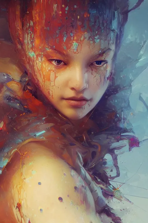 Image similar to face closeup of beautiful girl in intricate detailed color smashing fluid oilpaint, 3 d render, hyper realistic detailed portrait, color leaves, ruan jia, wlop. scifi, fantasy, hyper detailed, octane render, concept art, by peter mohrbacher, by wlop, by ruan jia