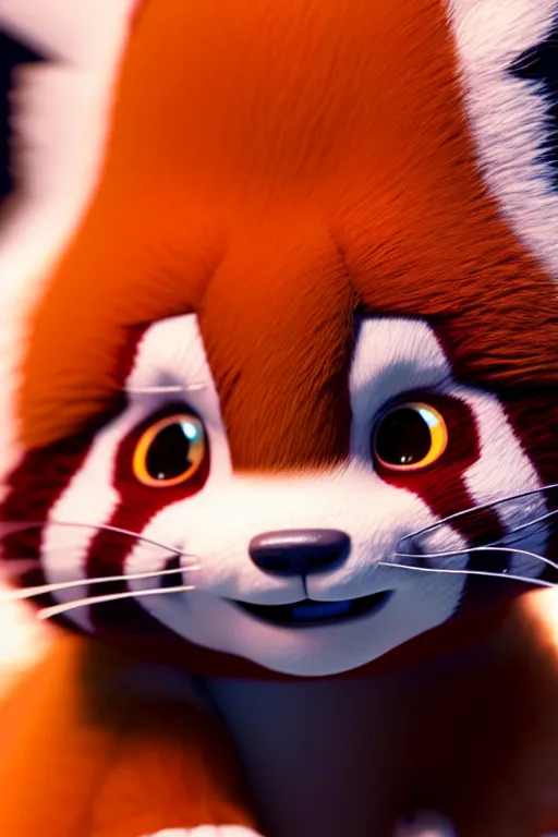 Image similar to high quality 3 d render close - up of very cute red panda & cat hybrid, vray, detective pikachu, very dramatic light, low angle uhd 8 k, shallow depth or field