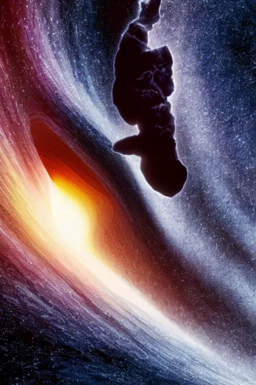 Prompt: intricate color photo of albert einstein falling into a black hole, movie still from interstellar, 8 k octane beautifully detailed render