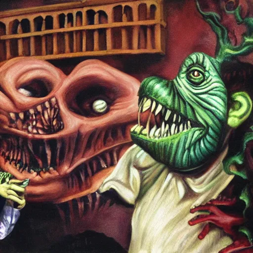 Prompt: Little Shop of Horrors as a Shakespearean tragedy, realistic oil painting