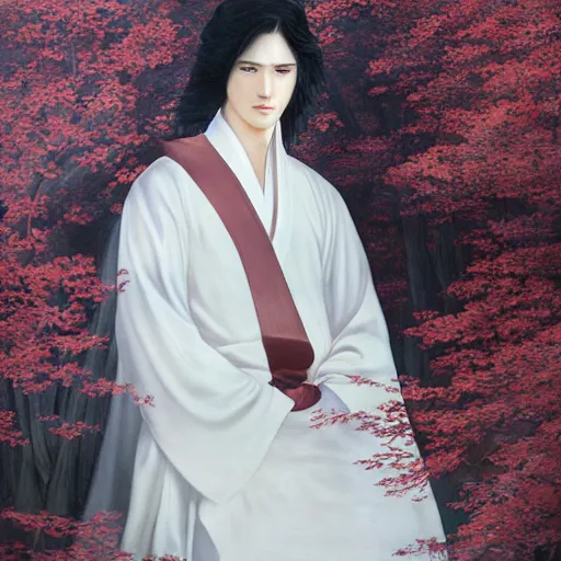 Image similar to a portrait of a young beautiful prince, golden eyes, long black hair, white hanfu, elegant, intricate, backlit, incredible lighting, strong rim light, subsurface scattering, photorealistic, epic beautiful landscape, cherry trees, highly detailed, god rays, digital painting, by Heise Jinyao, Heise-Lian Yan Fang, Feimo, Rossdraws, HDRI, vivid colors, high contrast, 8k