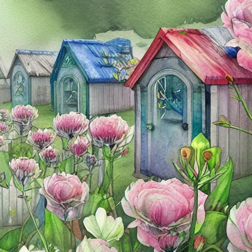 Prompt: watercolor flower houses in a serene landscape by anna dittmann, by marco mazzoni