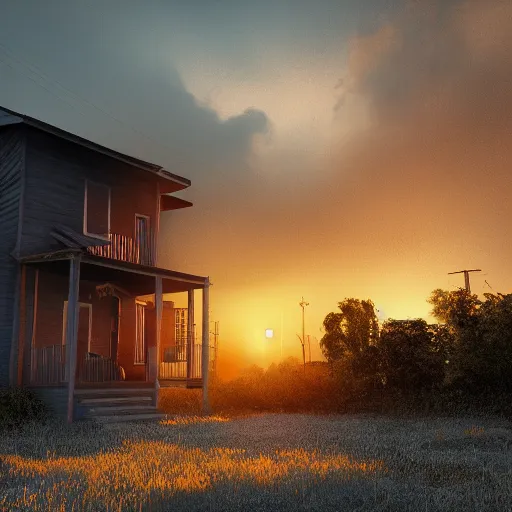 Prompt: Old breaking houses, orange dawn, vaponpunk, sunset, 8k, soft light, ray tracing, wet ground