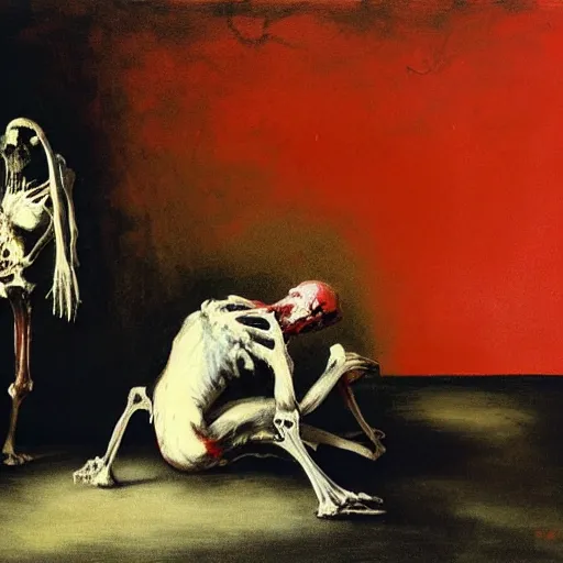 Prompt: two dark figures enjoy a bath in a messy bathroom with a Cow skeleton by Francisco Goya and Francis Bacon, vibrant red background, mythological painting, oil painting, triadic color scheme, very coherent, Figure seated on a throne of marble, whale skeleton inside interior room, Beksinski painting, masterpiece