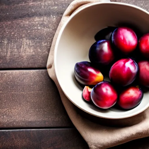 Image similar to photo of a thick porcelain bowl filled with a few moist freshly picked plums on a wooden table. volumetric lighting. 4 k. small scale. realistic. top down.