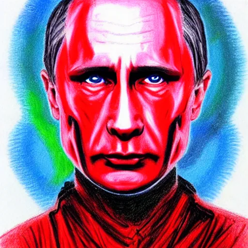 Image similar to Colored crayon drawing of Vladimir Putin as the terminator, half robotic face, red eyes glowing