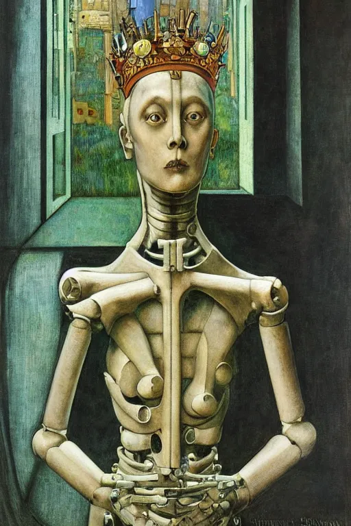 Prompt: the robot wearing her bone crown stands by the window , by Annie Swynnerton and Diego Rivera and Elihu Vedder, symbolist, dramatic lighting, elaborate geometric ornament, Art Brut, soft blues and greens,smooth, sharp focus, extremely detailed, Adolf Wölfli and Evelyn De Morgan