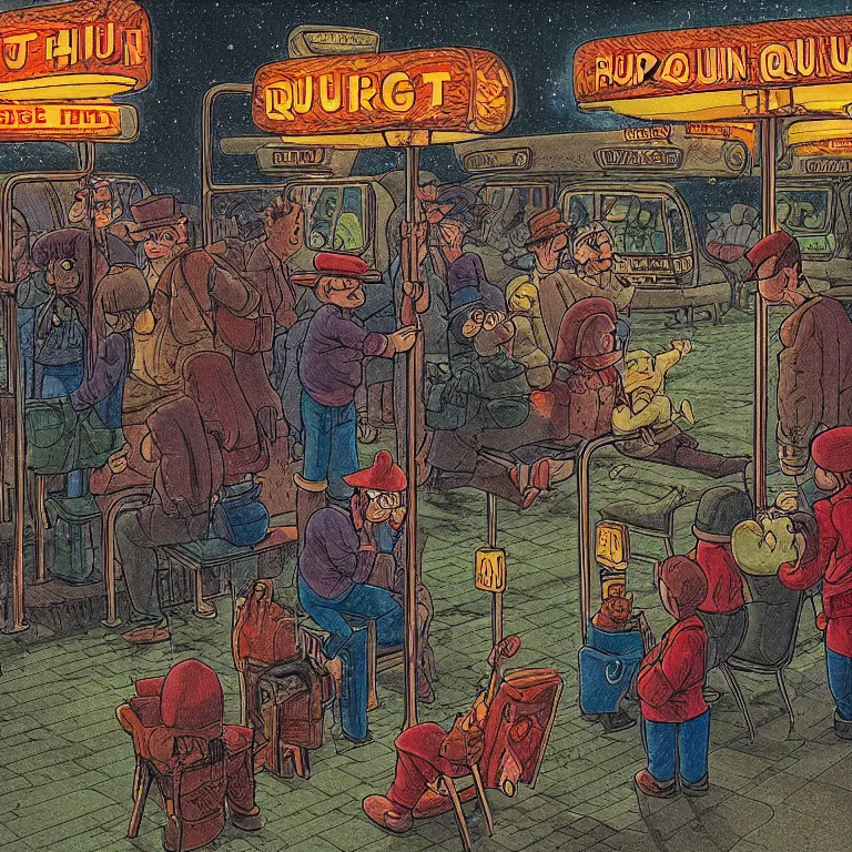 Prompt: some people waiting in bus stop in quiet dark city night, detailed, high quality, high resolution, color illustration by don rosa