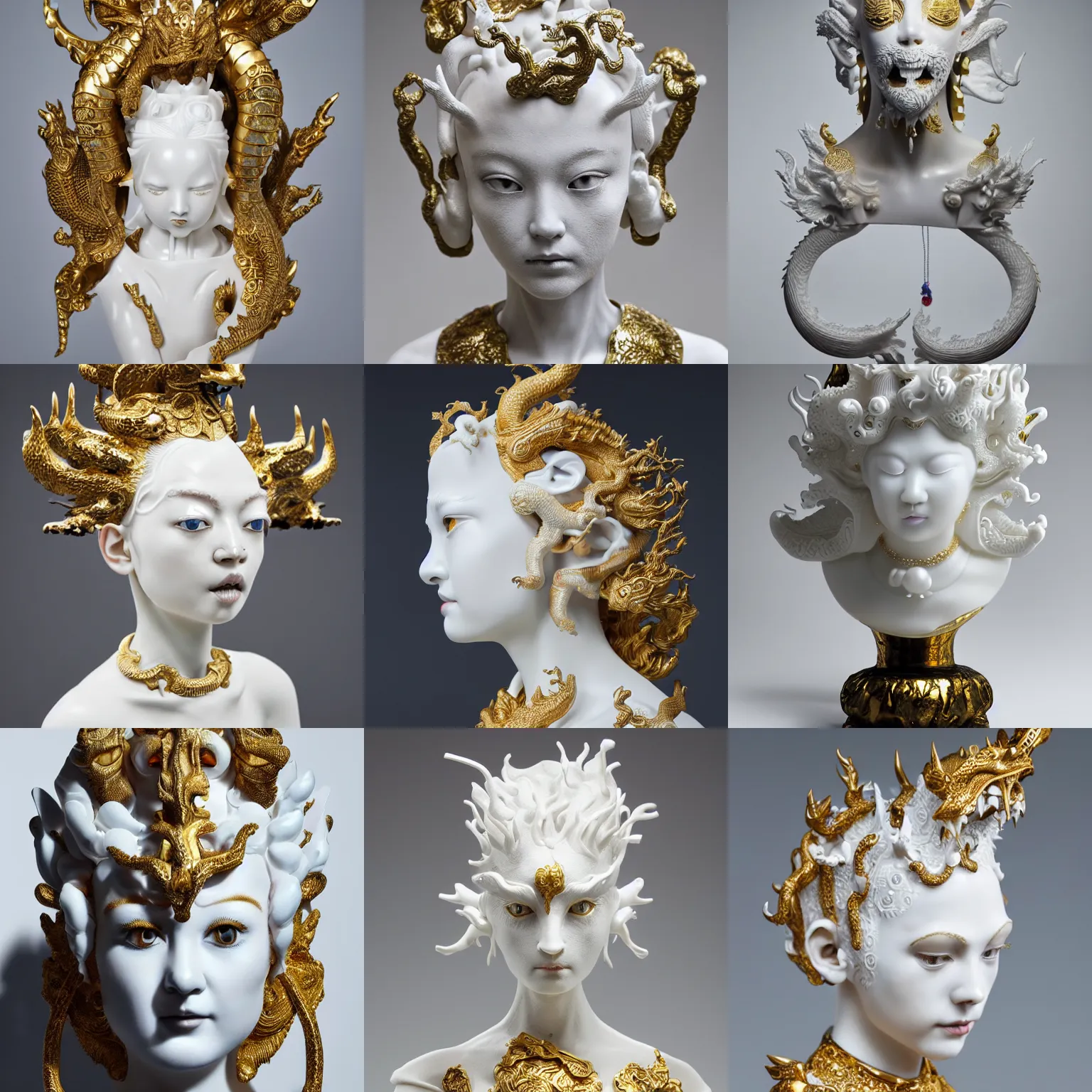 Prompt: full head and shoulders, beautiful female white, porcelain sculpture, with lots of ornate gold leaf 3 d chinese dragons attached to head by daniel arsham and james jean, on a white background, delicate facial features, white eyes, white lashes