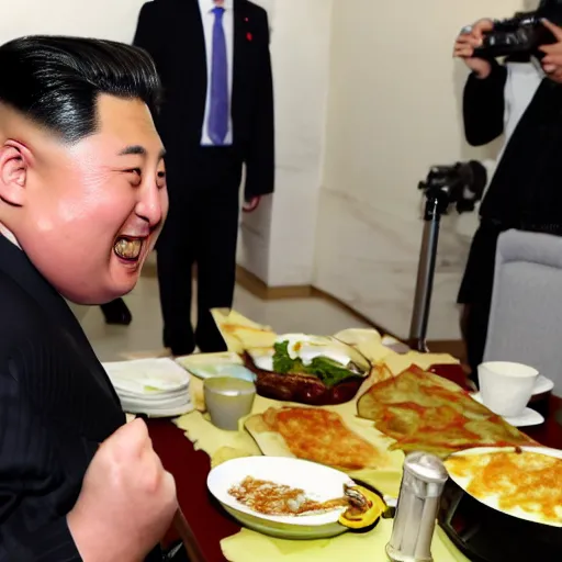 Image similar to happy kim jon - un eating spanish potato omelette