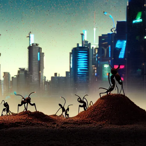 Prompt: ants building an anthill, cyberpunk, cinematic, 4k,