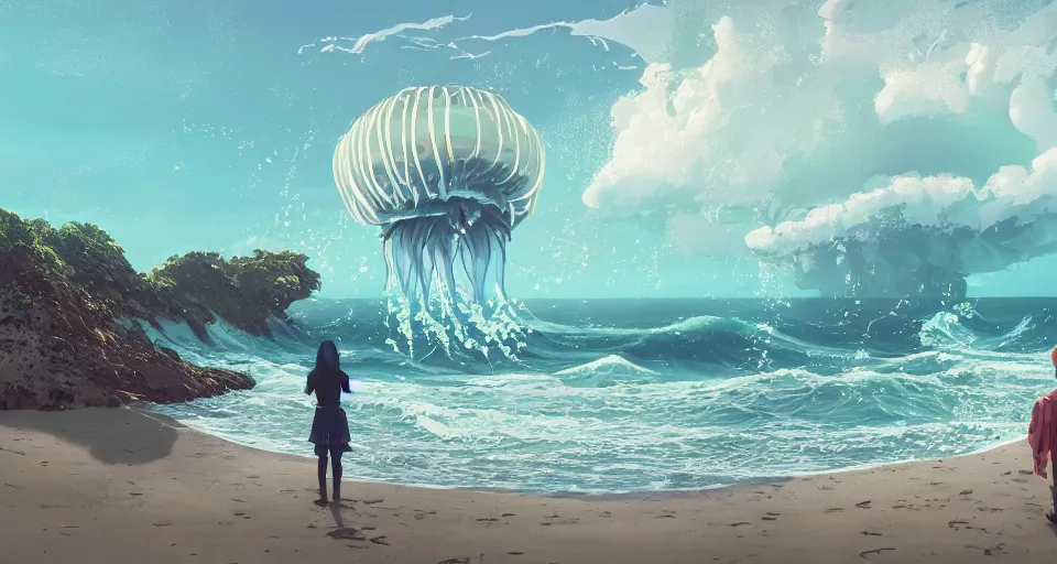 Image similar to A very beautiful serene coastal landscape scene with a GIANT MECHA JELLYFISH looming in the distance, bright sunny the great waves of kanagawa splashing on the beach, Translucent rendered by simon stålenhag, rendered by Beeple, Makoto Shinkai, syd meade, environment concept, digital art, starwars, unreal engine, 3 point perspective, WLOP, trending on artstation, low level, 4K UHD image, octane render,