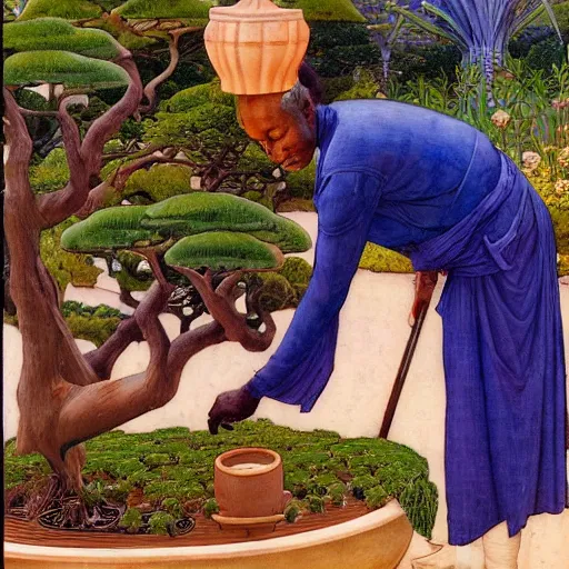 Image similar to Old African gardener cutting bonsai trees, gray hair, idyllic Garden, by Annie Swynnerton and Nicholas Roerich and jean delville, glowing paper lanterns, strong dramatic cinematic lighting , ornate tiled architecture, lost civilizations, smooth, sharp focus, extremely detailed