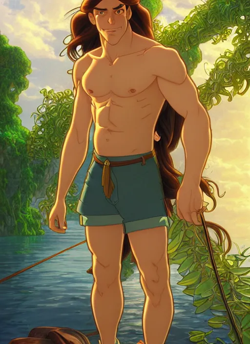 Image similar to cute fisherman tarzan, natural lighting, path traced, highly detailed, high quality, digital painting, by don bluth and ross tran and studio ghibli and alphonse mucha, artgerm