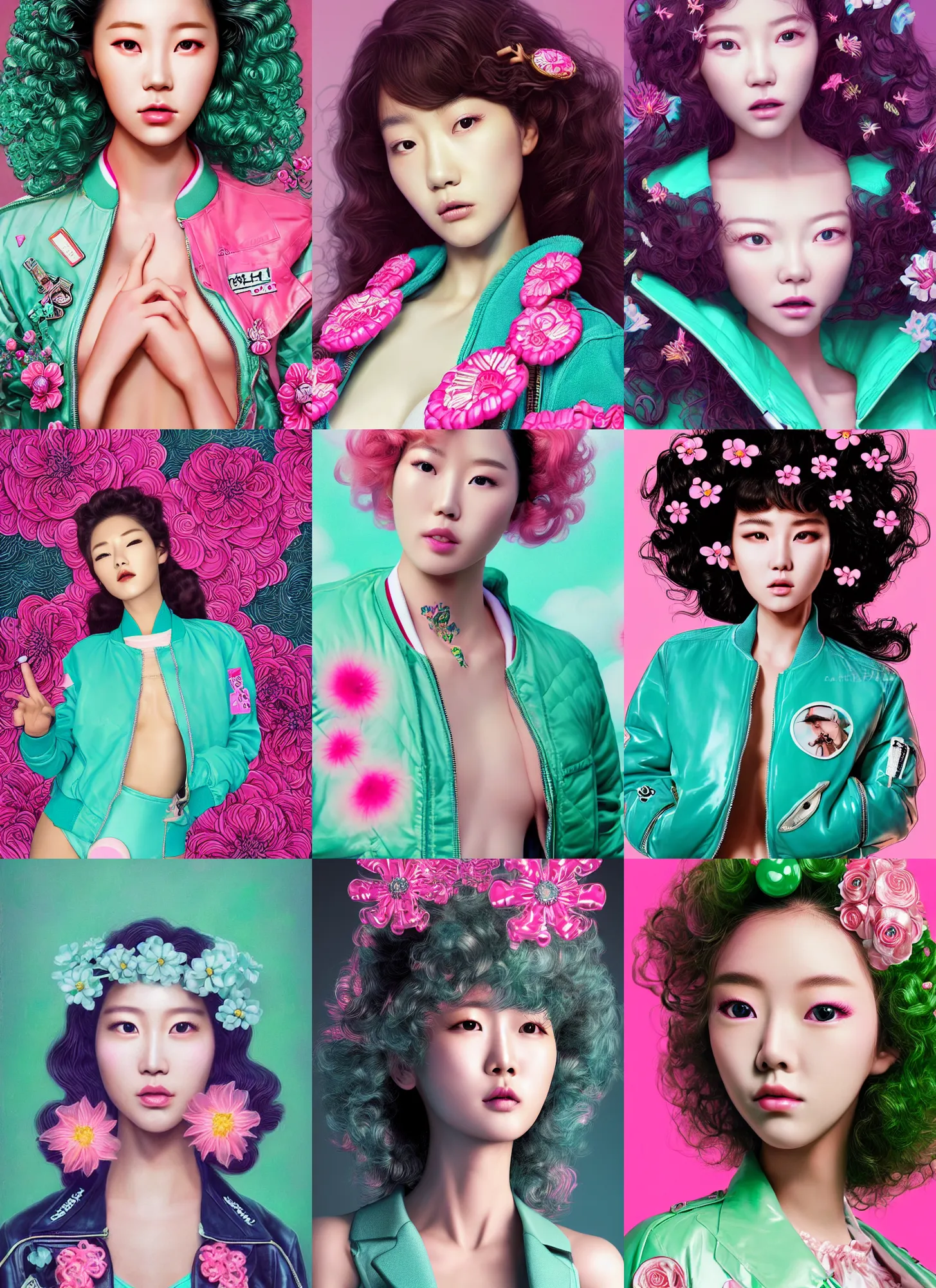 Prompt: gorgeous korean female cyborg model portrait wearing a mint - colored bomber jacket with flower ornament pattern and a pink bikini, curly hair, eighties look, retro, beautiful lights, vintage look, depth of field, hyper realistic, illustration, airbrush, 8 k, intricate, duo tone, art by david la chapelle and philip castle, artgerm