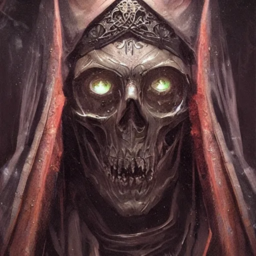 Prompt: an elder lich with a magnificent robe and crown, close up, portrait, realistic skull, sinister atmospheric lighting. highly detailed painting by greg rutkowski.
