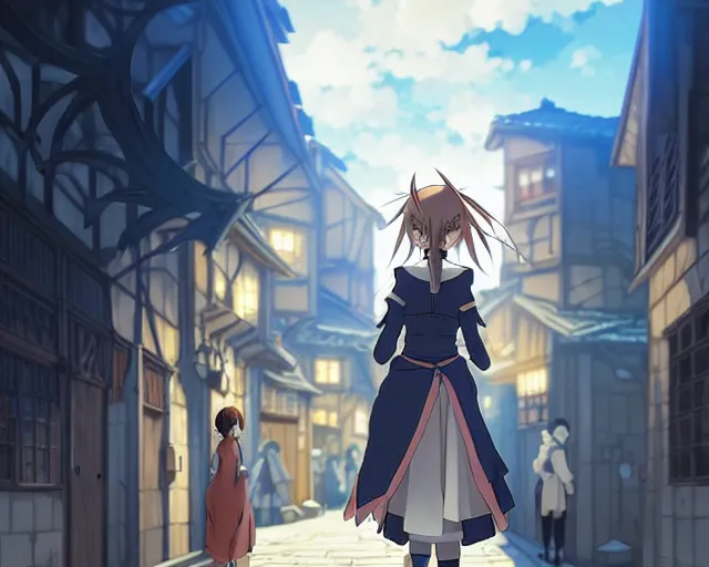 Image similar to anime visual, portrait of a young female walking through a busy medieval village, face by yoh yoshinari, murata range, last exile, blue submarine no 6, dynamic pose, muted colors, dynamic perspective, detailed silhouette, cel shaded anime, at night