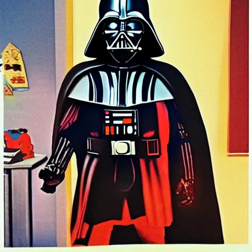 Prompt: darth vader is a kindergarten teacher, normal rockwell painting, grant wood painting