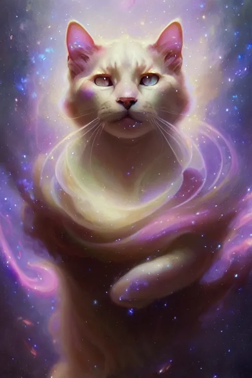 Prompt: Full view realistic ethereal stunning Celestial Cat of cosmic nebula with Pixar fur, 4k digital painting masterpiece by Mandy Jurgens and Ruan Jia, ornate Iconography background in the style of Alphonse Mucha, tarot card, amazing, magnificent, mystical, Hyperdetailed, award winning art, Ross Tran, wlop, Artgerm, Craig Mullins, detailed and realistic, soft lighting, intricate details, realistic, full view, Artstation, CGsociety