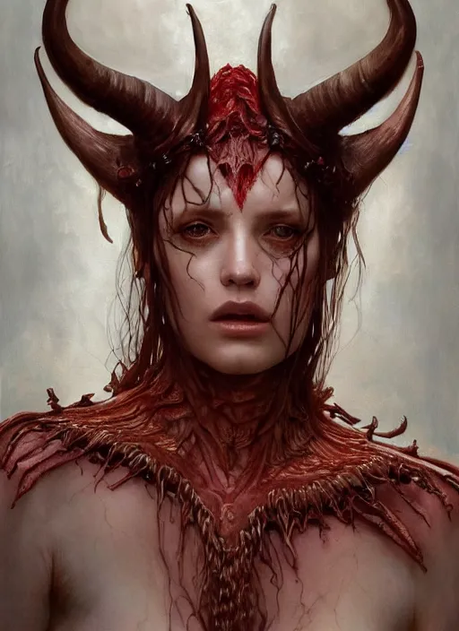 Image similar to half demon half human intricate skin scales costume, elegant, peaceful, full body, horns, hyper realistic, extremely detailed, dnd character art portrait, fantasy art, intricate fantasy painting, dramatic lighting, vivid colors, deviant art, artstation, by edgar maxence and caravaggio and michael whelan and delacroix.