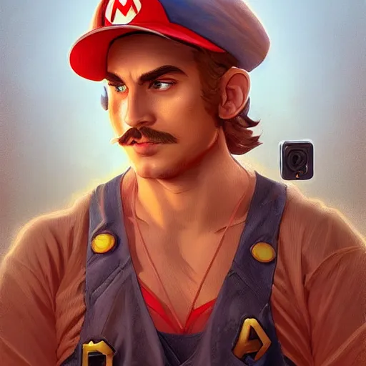 Prompt: man super mario, highly detailed, digital painting, artstation, illustration, art by artgerm and greg rutkowski and alphonse mucha