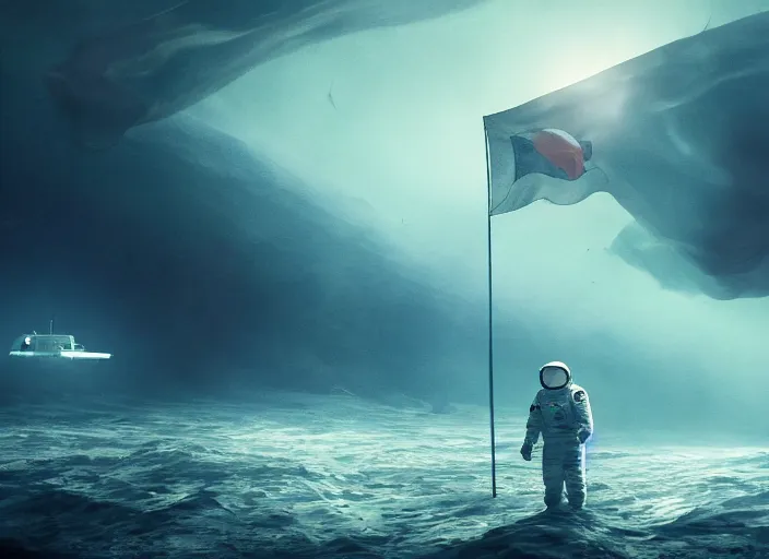 Image similar to astronaut holding a flag in an underwater desert. a submarine is visible in the distance. dark, concept art, cinematic, dramatic, atmospheric, 8 k, trending on artstation, blue, fish, low visibility, fog, ocean floor, christopher nolan, interstellar