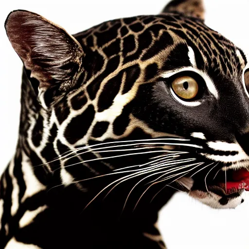 Prompt: profile shot of a black and red ocelot with black background, high contrast, render