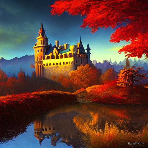 Prompt: Evil castle by Evgeny Lushpin,Rodger dean,background mountains,autumn,halloween