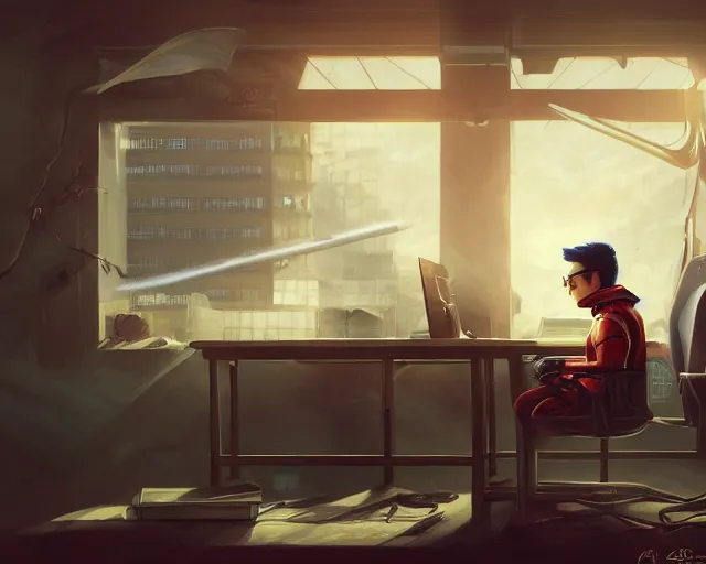 Image similar to an insanely detailed painting of a nerdy asian man wearing a superhero costume, sitting at a desk, staring at the nervously at the computer and typing, in the style of peter mohrbacher, dramatic lighting and composition, octane render, pixar, trending on artstation, concept art, comic book, view from behind