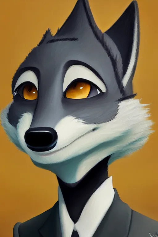 Image similar to oil painting of anthromorphic female wolf, in style of zootopia, female fursona, furry, furaffinity, 4 k, deviantart, furry art, fursona art, wearing black business suit, business suit, wolf fursona, female, very expressive detailed feminine face,