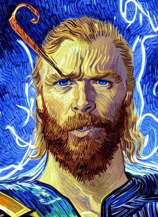 Prompt: close-up of character concept portrait of a Thor conjuring a violent royal blue thunder, a floating iridescent blade sword of chaos from God of War in the center, intricate, elegant, digital painting, concept art, smooth, sharp focus, illustration, by Vincent van Gogh