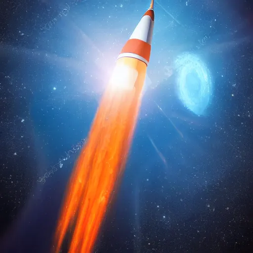 Prompt: Blue rocket with orange planet in background in space, photorealistic