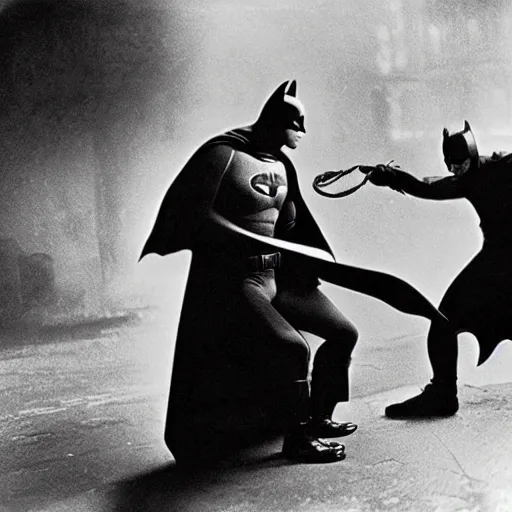 Prompt: old black and white photo, 1 9 2 5, depicting batman fighting a mafia boss in an ally of new york city, rule of thirds, historical record