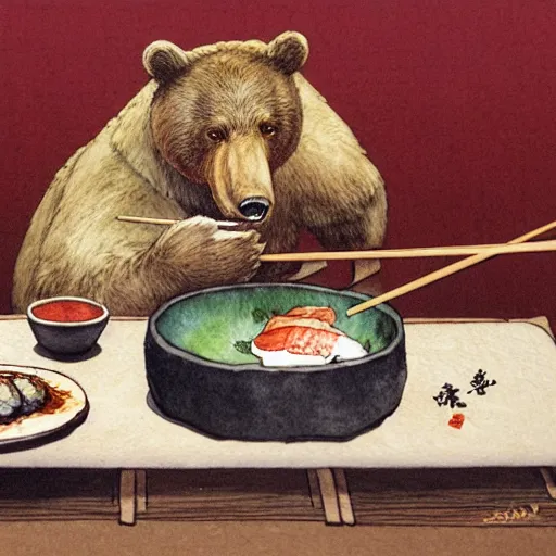 Image similar to bear eating sushi with chopsticks, a detailed matte painting by anton pieck, deviantart contest winner, fantasy art, concept art, official art, matte drawing