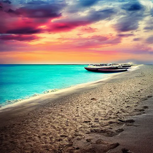 Image similar to tropical beach, afternoon, clouds, boats, glistening ocean, digital art