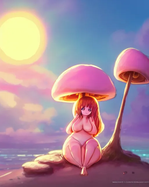 Image similar to concept art for a cute thicc humanoid mushroom creature, anime style, golden hour, lens flare, pastel pink glow, sitting on the beach | | epic - fine - clean, polished, trending on artstation, brush strokes