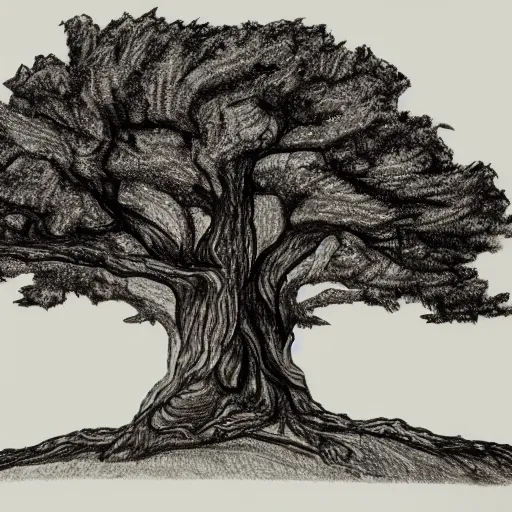 Prompt: oak tree on a hill, logo, pencil drawing, sharp lines, detailed