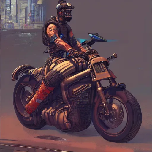 Prompt: extremely detailed realistic render of a cyberpunk samurai riding a motorcycle by James Jean, carig mullins and Syd mead perspective shot ArtStation, CGSociety