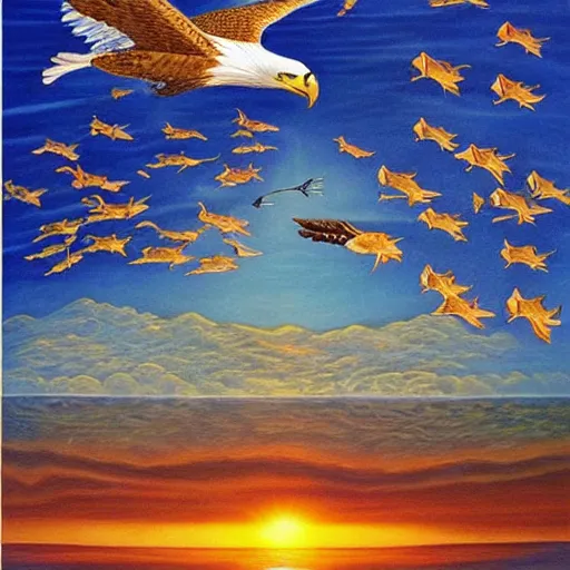 Image similar to A beautiful painting of eagle flying the sky and fish in the shallows, by Rob Gonsalves