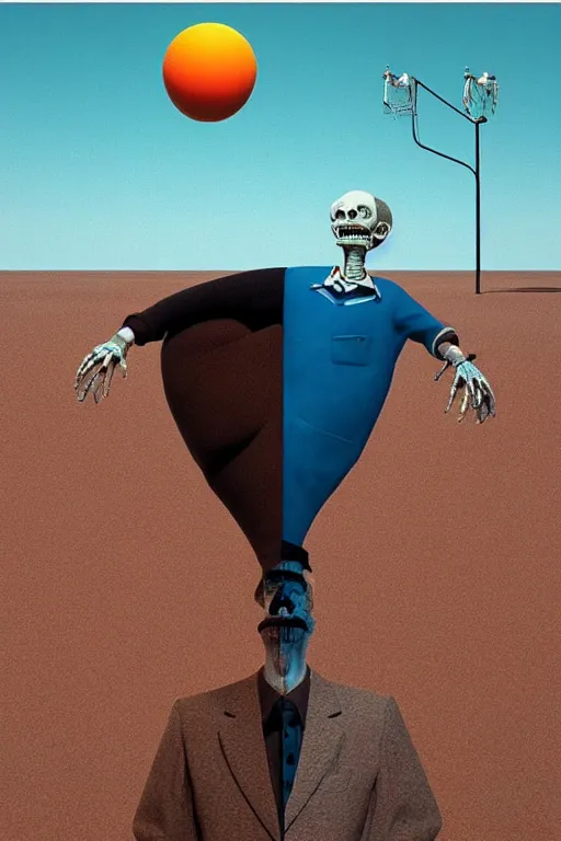 Image similar to Barry Chuckle, emperor of gravy skeletons. Neo-Andean architecture by Freddy Mamani. Painting by René Magritte, 3D rendering by Beeple, sketch by R. Crumb