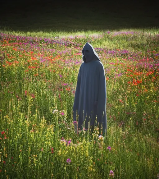 Image similar to tall hooded shadow person figure standing in beautiful meadow of flowers, technicolor photo, grainy, high detail, high resolution