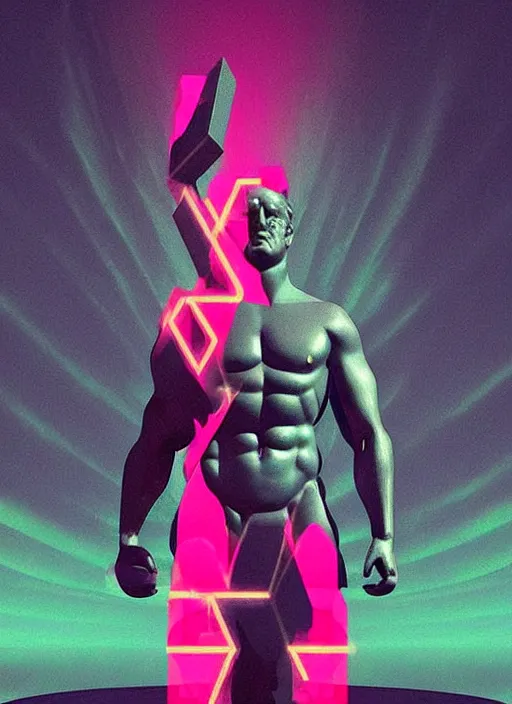 Image similar to statue of hercules, beeple, vaporwave, retrowave, abstract geometric neon shapes, black background, glitch, pixel sorting, strong contrast, pinterest, trending on artstation