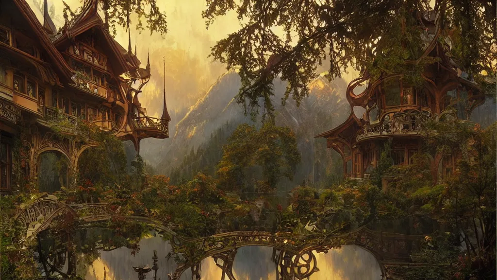 Image similar to a beautiful painting of art nouveau swiss chalet elven rivendell at sunrise, intricate, elegant, highly detailed, digital painting, artstation, concept art, by krenz cushart and artem demura and alphonse mucha