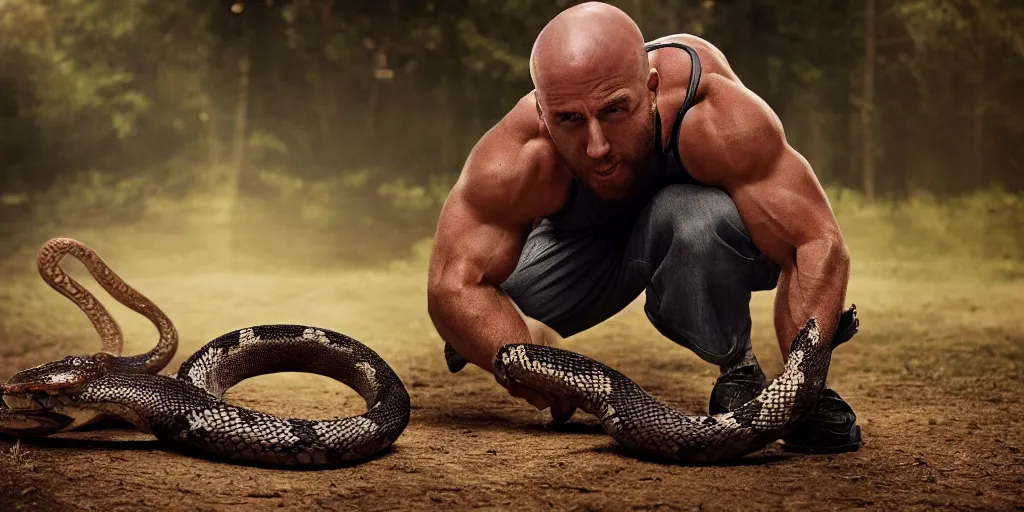 Image similar to Ryback fighting a snake outdoors, photorealistic, ultra hd, cinematic lighting, award-winning, 4k, leica sl2 30mm, beautiful color, high quality, high textured, lens flare