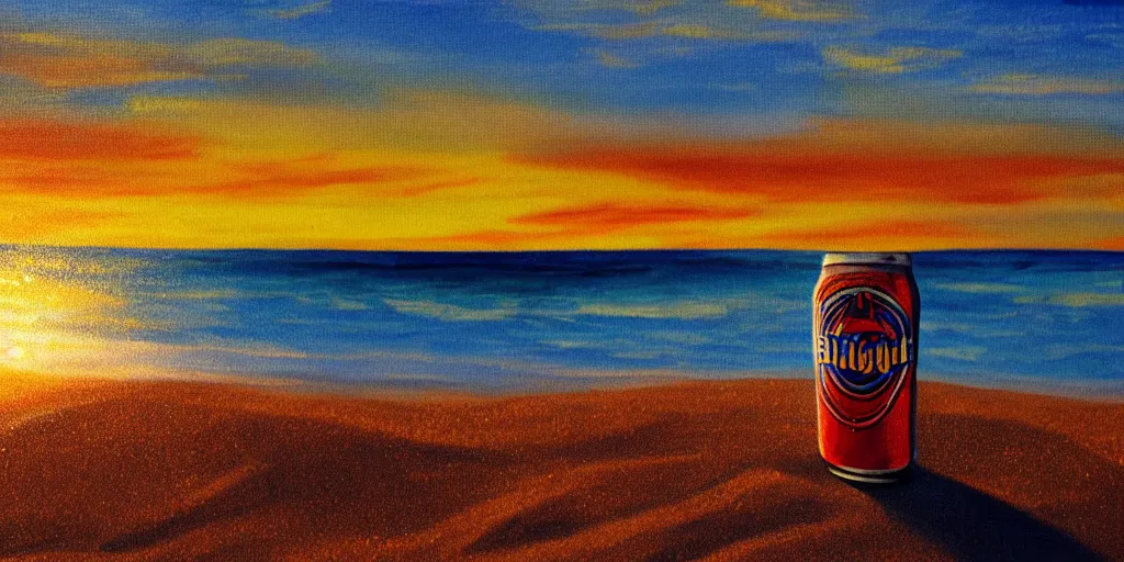 Prompt: can of bud light in the sand on the beach, sunset, landscape, high quality, radiant light, painting, in the style of Bob Ross