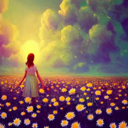 Image similar to head made of giant daisies, girl standing barefoot in a vast flower field, arms outstretched, surreal photography, sunrise dramatic light, impressionist painting, colorful clouds, large sky, digital painting, artstation, simon stalenhag, flower face