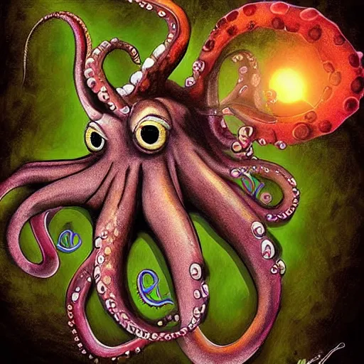 Image similar to Specualtive evolution paleoart with octopus using computer, expressive and beautiful digital art