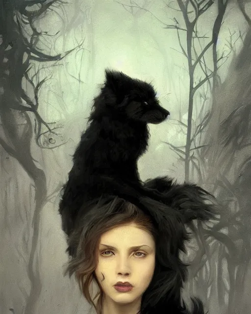 Image similar to a portrait of black furry shadow nightmare monster in a background of deep shadows, illustration, dramatic lighting, soft details, painting oil on canvas, art nouveau, octane render, HDR, 4k, 8k, HD, by Edmund Blair Leighton, Brom, Charlie Bowater, trending on artstation, Tom Bagshaw, faces by otto Schmidt